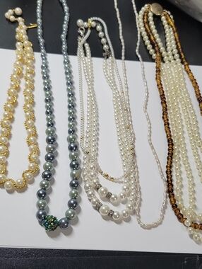 Classic Multi-Strand Pearl Necklaces in White, Gold Tons, Gray, and Brown